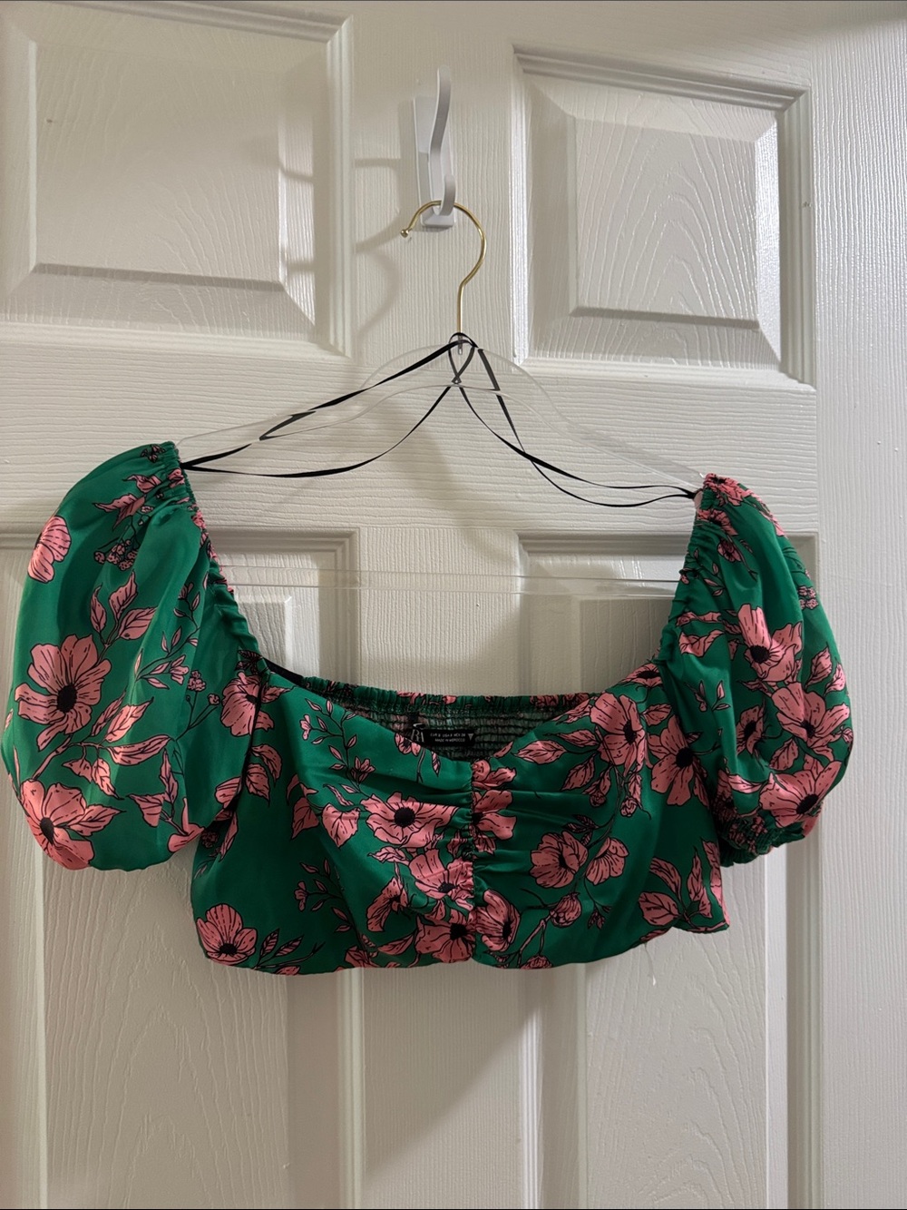 Zara Green Floral Puff-Sleeve Crop Top - Pink Flowers